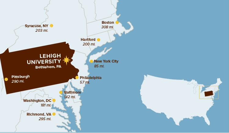 Map of Lehigh University in Bethlehem, PA with distances to nearby cities